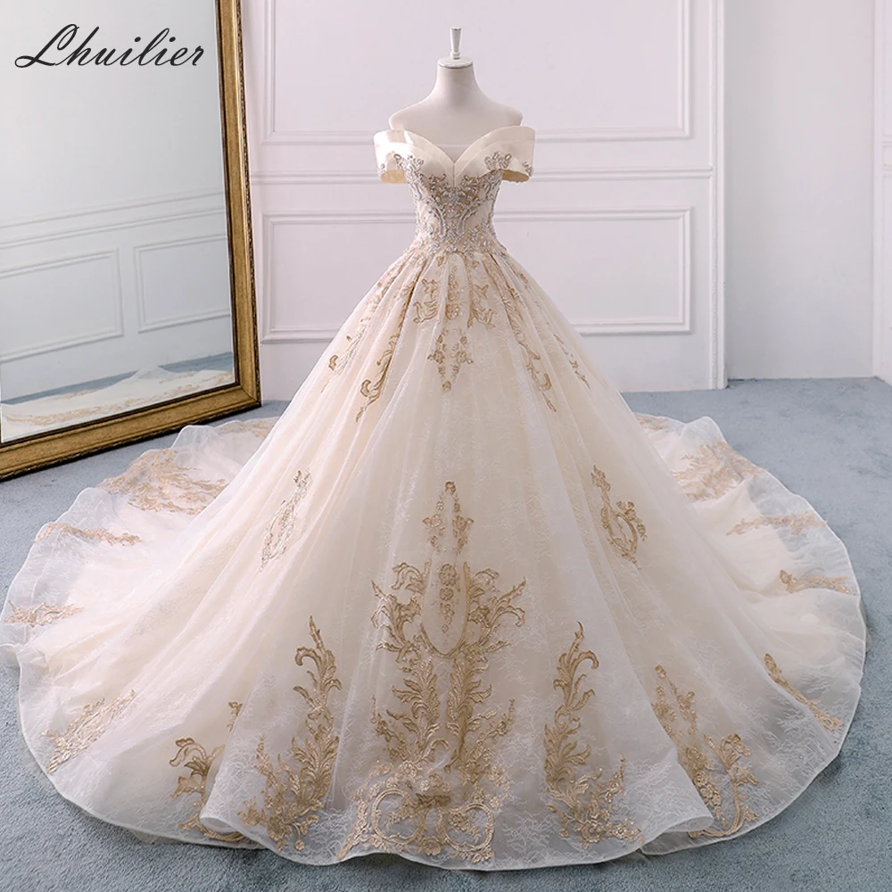 

Lhuilier A-line Off the Shoulder Lace Wedding Dresses Floor Length Crystal Beaded Lace Appliques Chapel Train Bridal Dress