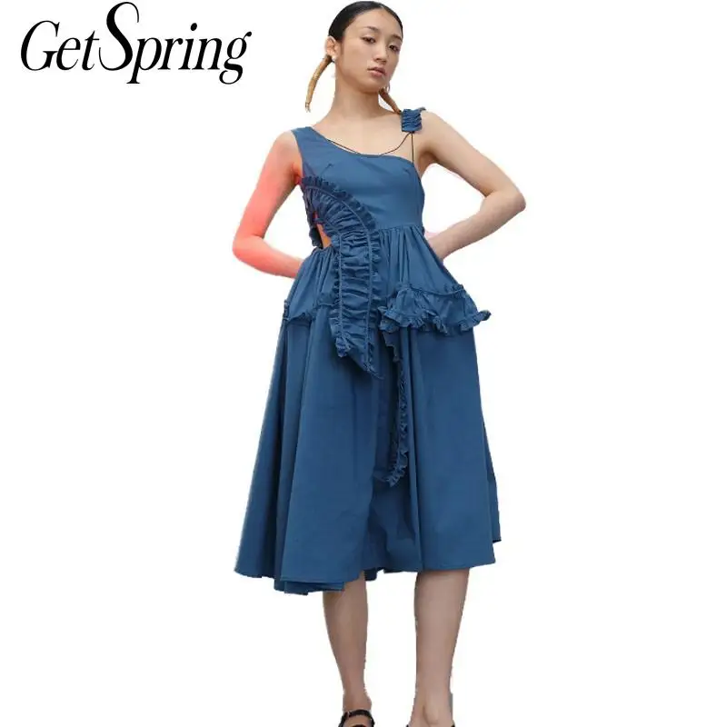

GetSpring Women Dress Pleated Ruffles Hollow Out Long Dresses Asymmetric Ladies Dresses Backless Large Swing Spring Dress 2020