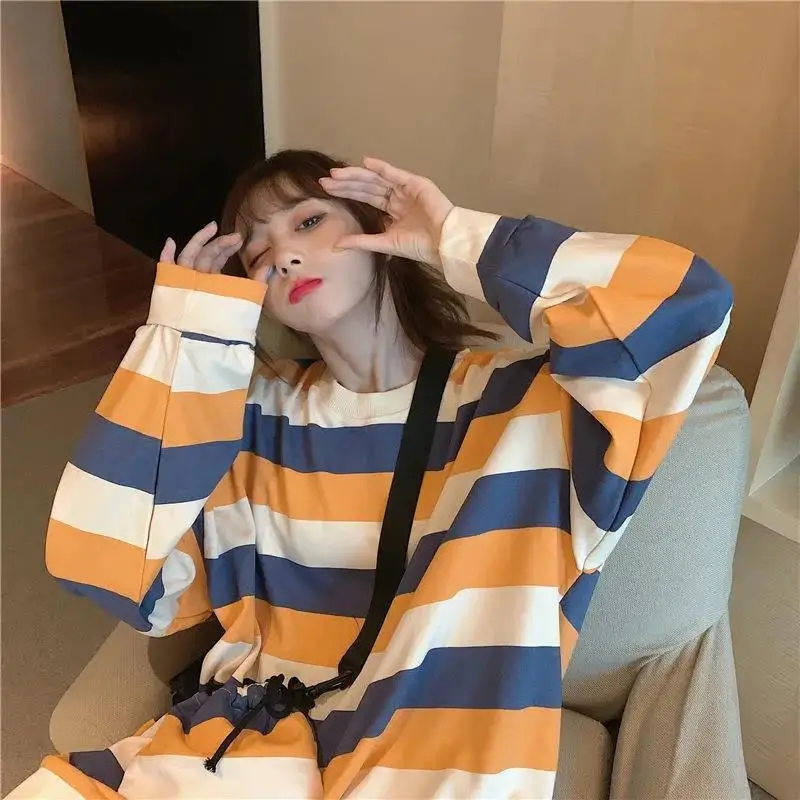 Women Sweetshirts Striped Autumn Korean Fashion Loose New L`ong-sleeved Shirt Harajuku Round Neck Pullover Y2k Kawaii Clothes