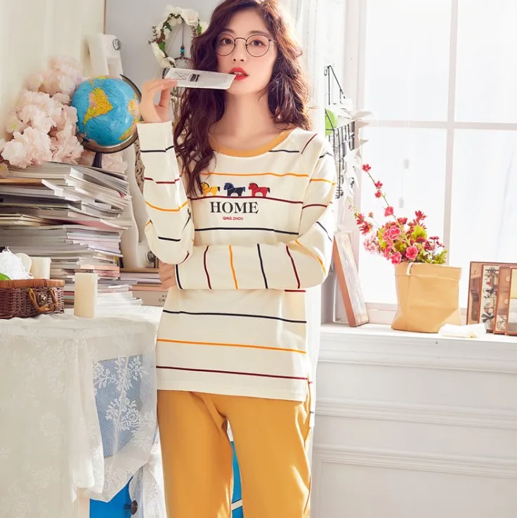 Большие размеры, M-XXL, женские пижамные комплекты, хлопок, одежда для сна, весна-осень, пижамы с длинным рукавом, пижамный комплект с круглым вырезом, женские пижамы - Цвет: MX6117