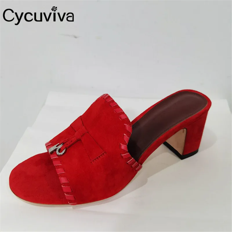 

Hot Sale Women Slippers Chunky Heel Kidsuede Chic Metal Lock Comfortable Mules Peep Toe Suture Slides Summer Sandals For Women