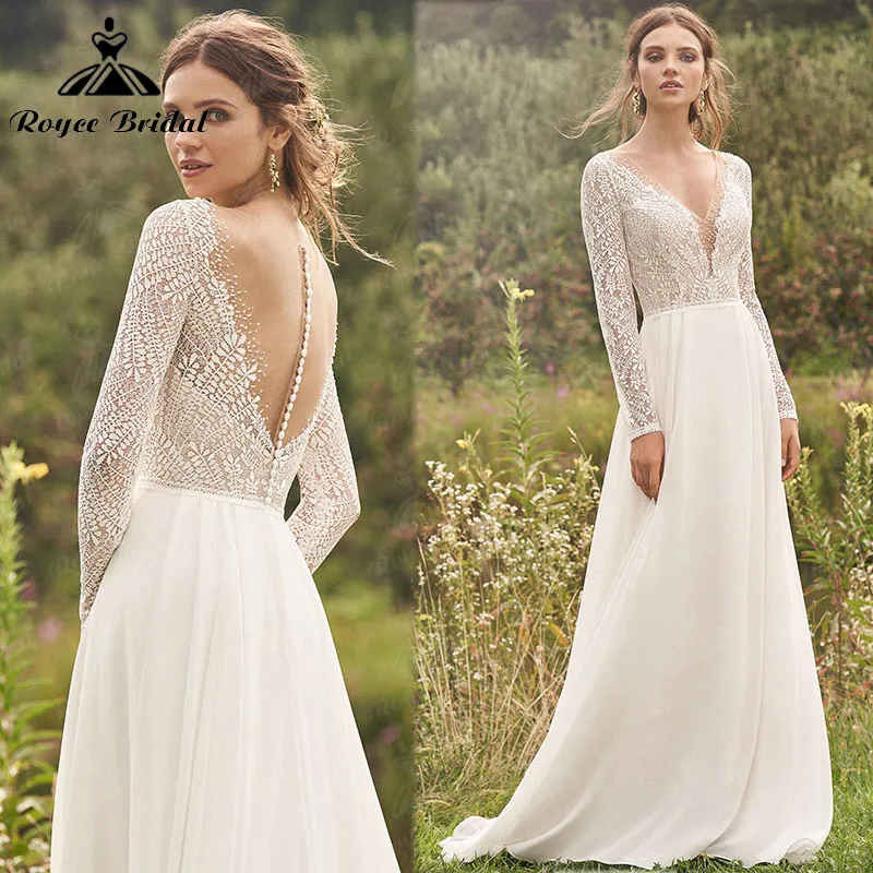 

Roycebridal Elegant A Line Boho Wedding Dresses with Back Buttons Long Sleeve V Neck Backless Lace Top Chiffon robe de mariée