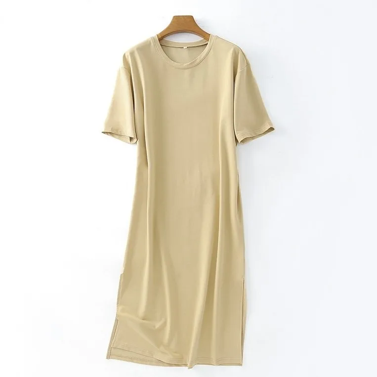 

2021 summer new solid color round neck short-sleeved mid-length side slit women's dress