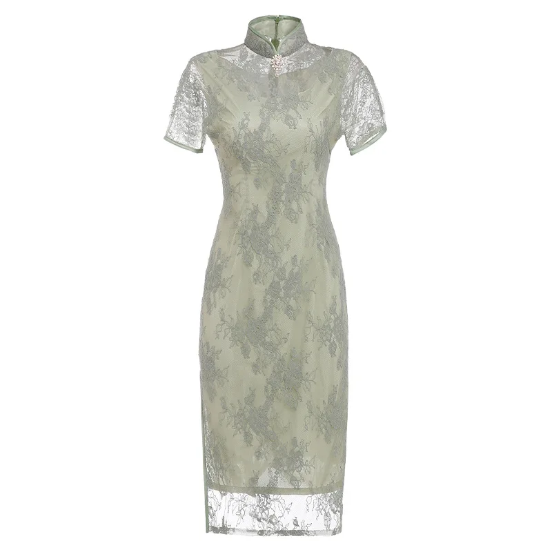 Ципао Новинка весна лето 2020 повседневное кружевное приталенное ретро платье