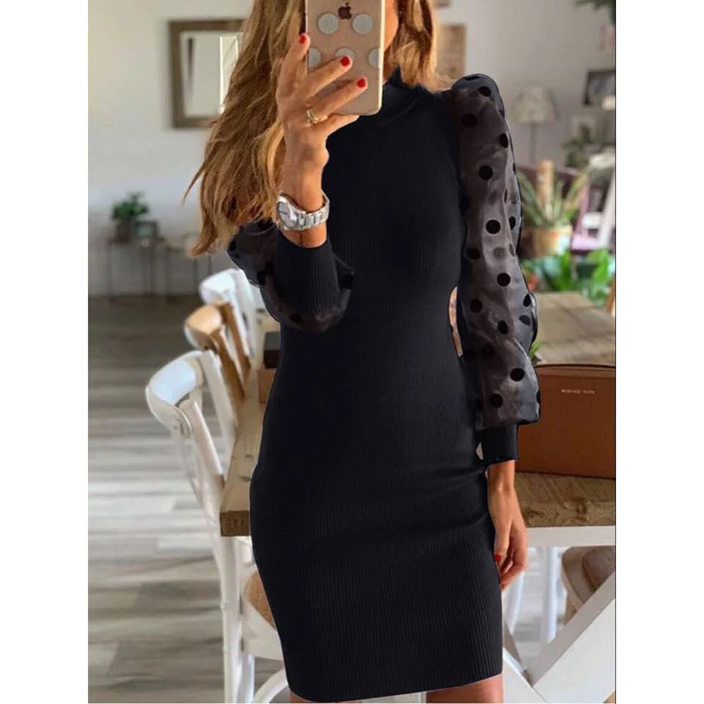 

Sexy Womens Ladies Polka Dot See-through Mesh Puff Long Sleeve High turtleneck Bodycon Slim Fit Mini Pencil Dress Party Holiday