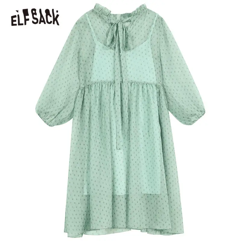 

ELFSACK Green Polka Dot Casual Lace Up Women Chiffon Dress 2020 Summer ELF Vintage See-Through Korean Ladies Daily Work Dresses
