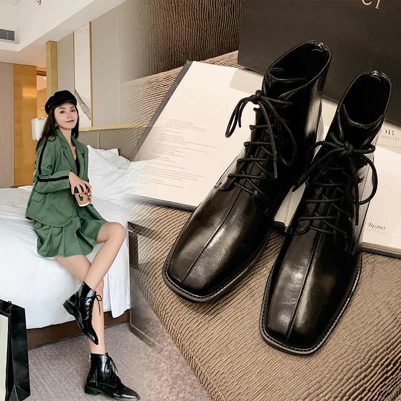 INS/Лидер продаж женские ботильоны из натуральной кожи воловьей с квадратным