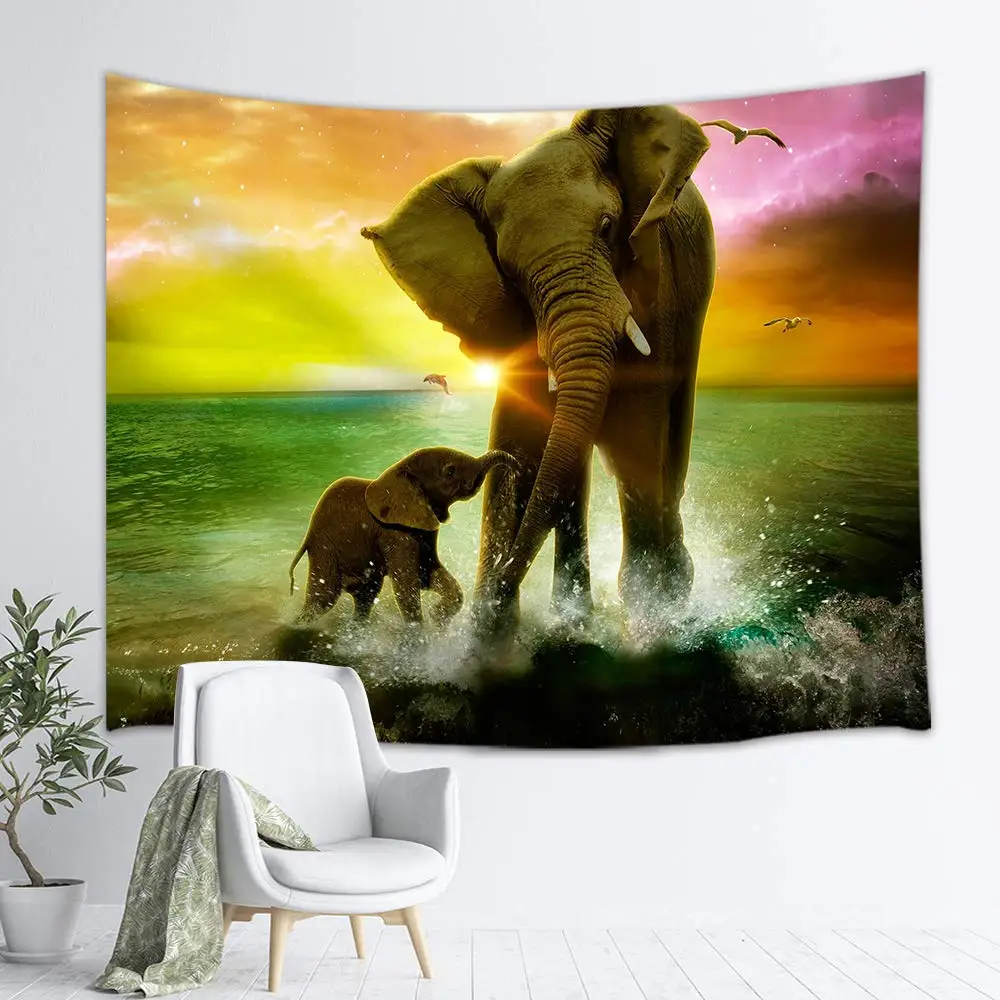

Africa Elephant Tapestry Safari Art, Animal and Baby Playing in Ocean at Sunrise Wall Hanging