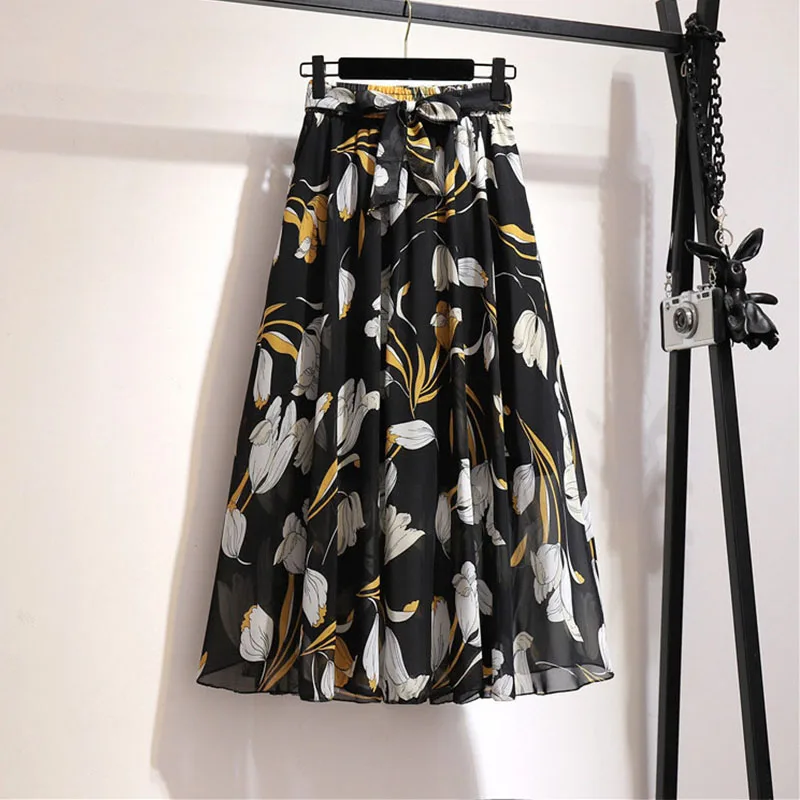 

Women Summer Floral Print Chiffon Skirts Girls Spring Korean A-Line High Waist Ladies Elegant Office Holiday Midi Skirt
