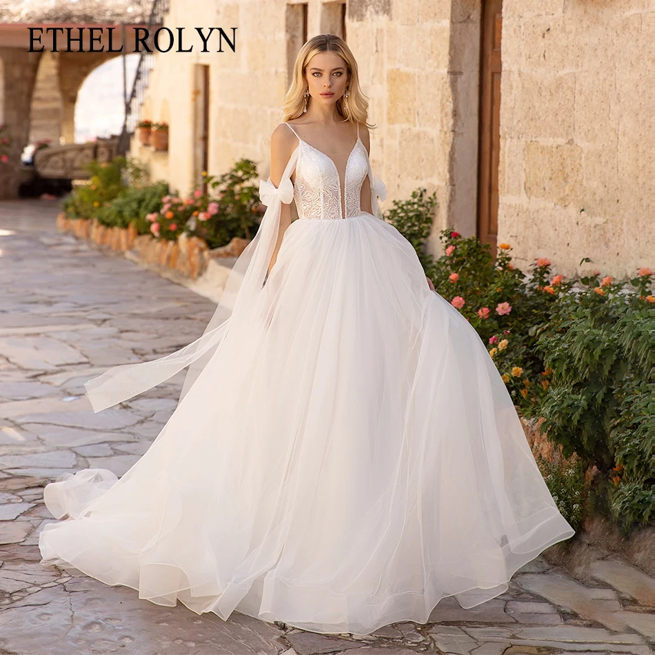 

ETHEL ROLYN A-Line Wedding Dresses For Women 2024 Beading Spaghetti Straps Bow Appliques V-Neck Bridal Gown Vestidos De Novia