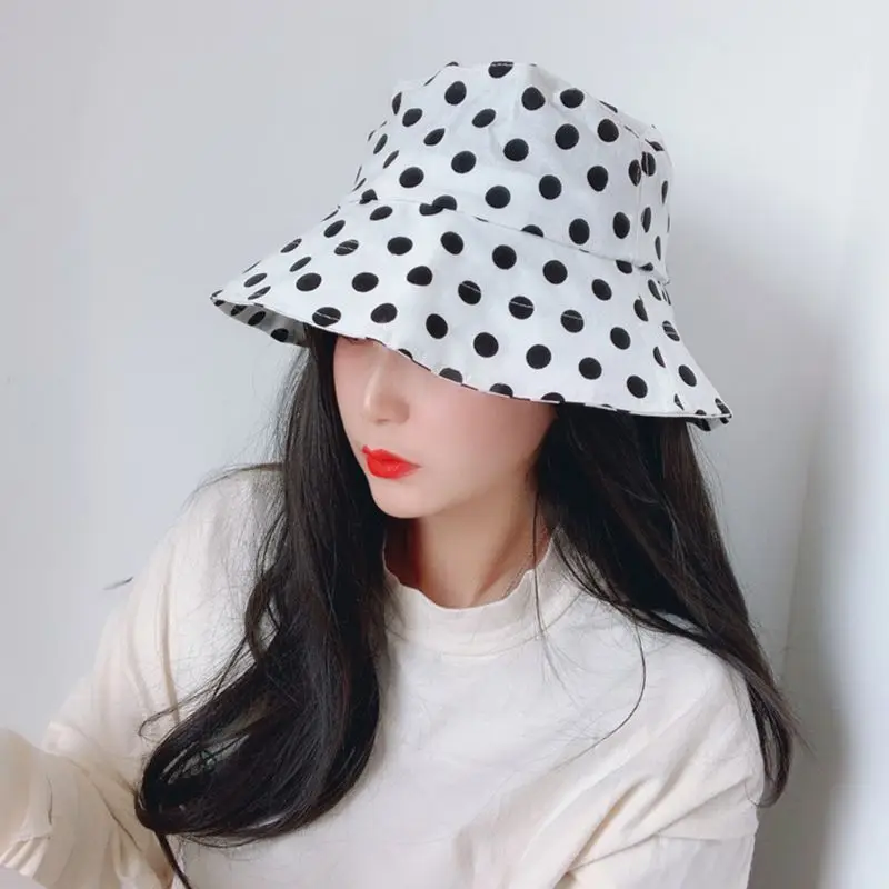 

2020 Women Men Couples Large Polka Dot Print Bucket Hat Wide Brim Sun Protection Outdoor Flat Top Packable Cotton Fisherman Cap