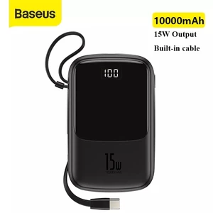 baseus power bank 10000mah built in type c cable 3a 15w powerbank phone charger digital display poverbank mini portable charger free global shipping
