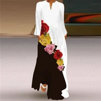 2021 european and american style autumn new loose long skirt sexy v neck long sleeved printed dress