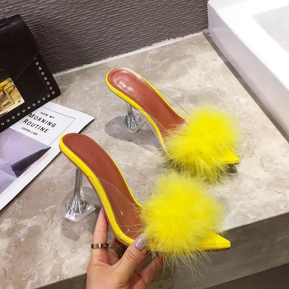 Женские прозрачные туфли лодочки LanLoJer летние из ПВХ с перьями и открытым носком