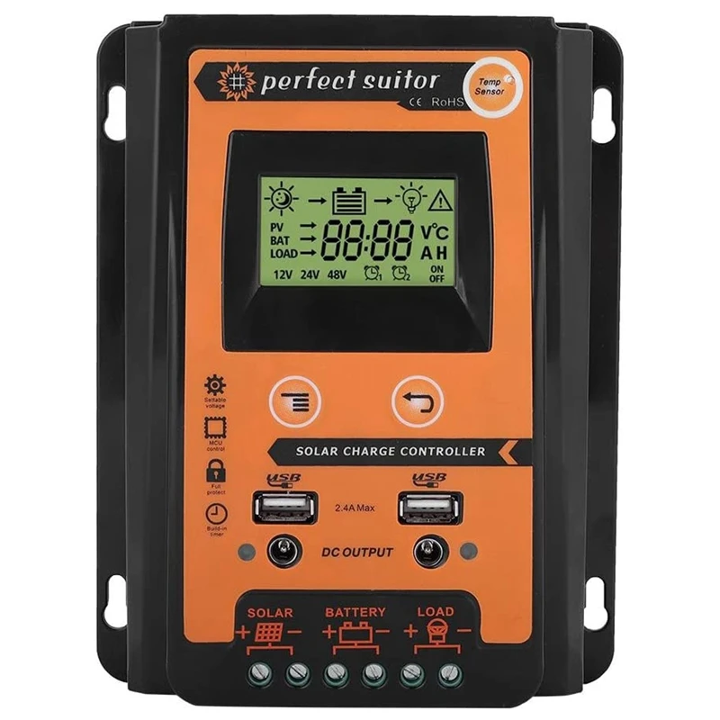

70A PWM Solar Charge Controller 12V 24V Dual USB Solar Regulator with Big LCD IP32 PV Battery Controller Load Timer