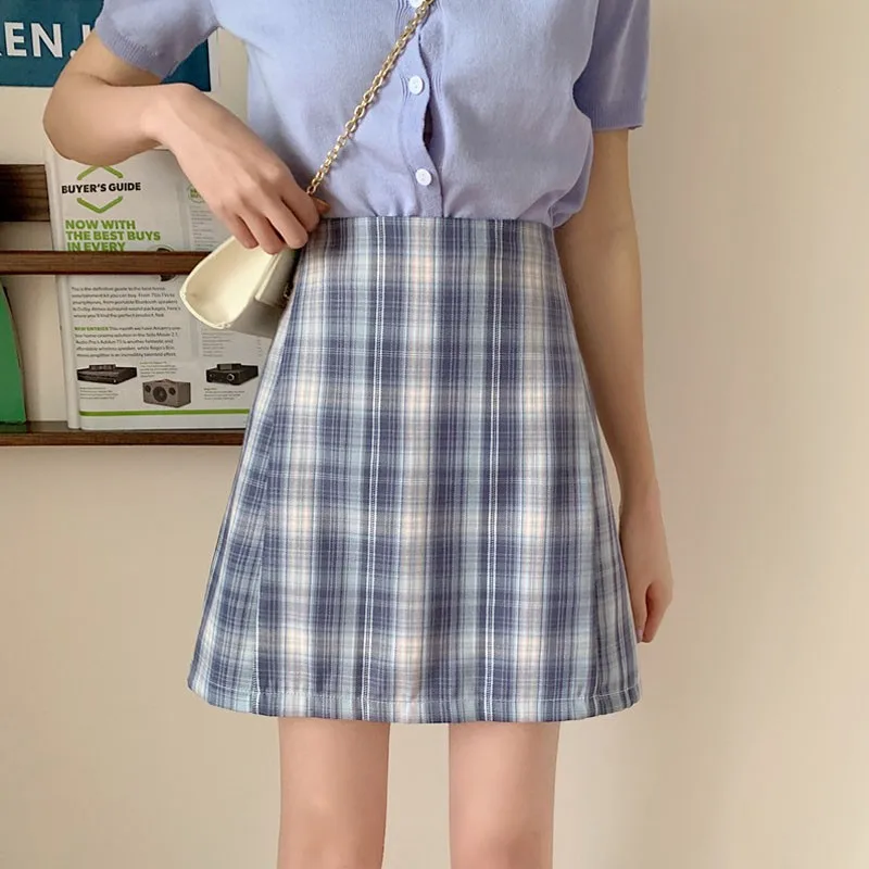 

Women's Thin Plaid Skirts Ladies High Waist Plaid Skirt Women Summer Vintage Skirts