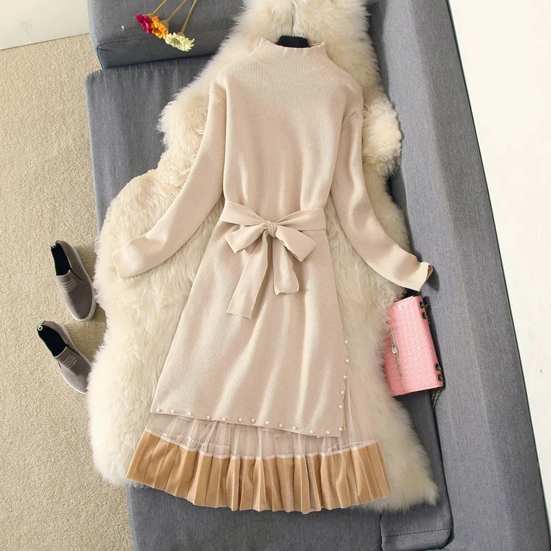 2019 осенне зимний костюм с платьем женский элегантный длинный рукав бисером