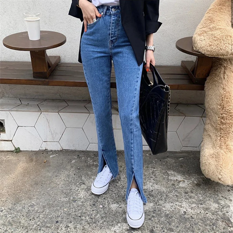 

Синие уличные джинсы с разрезом 2021 высококачественные стильные модные шикарные женские повседневные узкие джинсовые расклешенные брюки с ...
