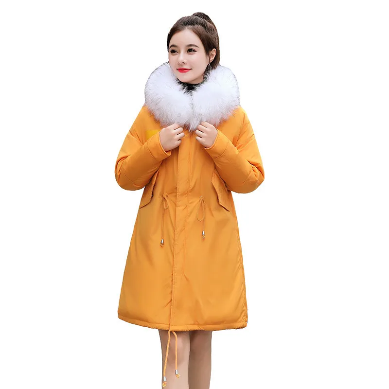

Новинка 2020, зимнее пальто с большим меховым воротником, Длинная женская куртка, парка с капюшоном, теплая женская пуховая хлопковая стегана...