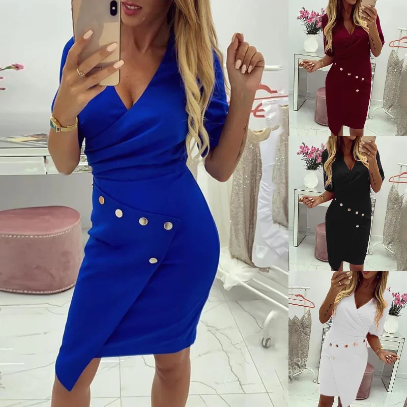 

Irregular Autumn Summer Dress Women 2021 Casual Slim Half Sleeve Office Pencil Dresses Elegant Sexy V-neck Party Dress White