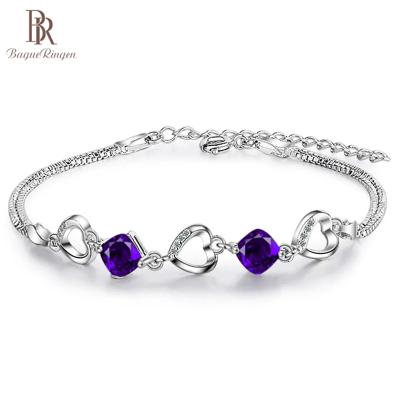 Женский браслет цепочка с аметистом из серебра 925 пробы|Гибкие и жесткие