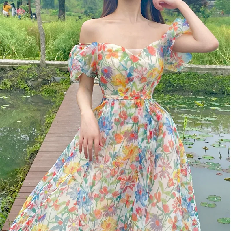 

French Retro Temperament Super Fairy Suspender Skirt 2021 Summer New High-waist One-shoulder Puff Sleeve Floral Dress S-L