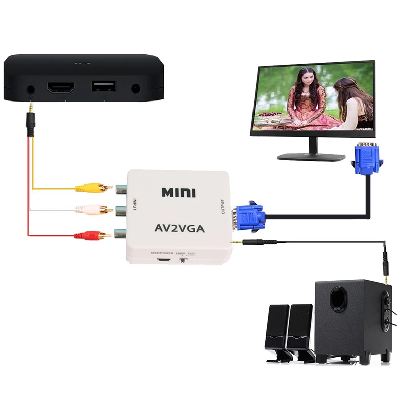 Мини HD RCA CVBS AV2VGA видео конвертер convoor AV в VGA видео конвертер адаптер к ПК HDTV конвертер с 3,5 мм аудио