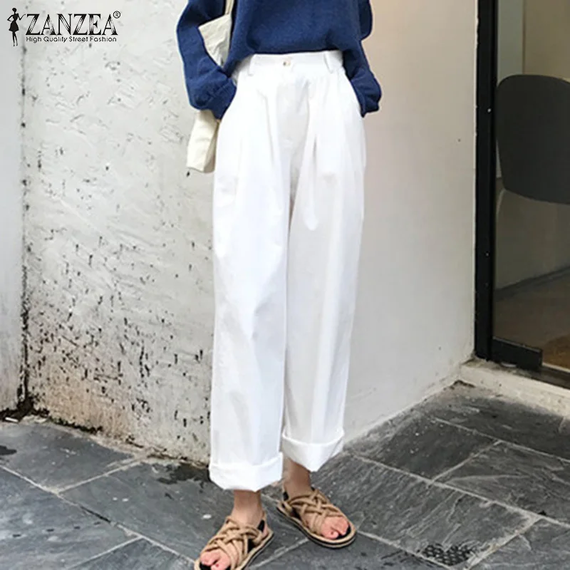 

ZANZEA Fashion Women Wide Leg Pants 2021 Summer Office Lady Pant Casual Solid Loose Zipper Elastic Waist Pant Oversized Pantalon