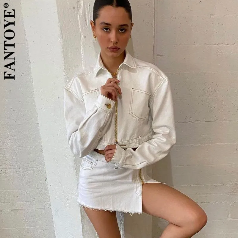 

Fantoye Turn-down Collar Zipper Women Skirt Suits White Long Sleeve Tops Sexy Split Skirts Ladies Autumn Skinny Streetwear Sets