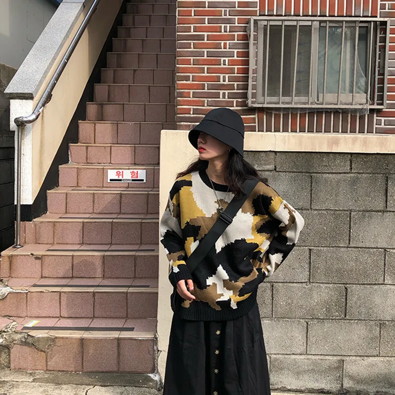 Женский вязаный свитер 2 цвета свободный Камуфляжный в Корейском стиле с