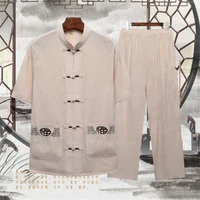 men chinese traditional tang suit jacket embroidery wu shu tai chi kung fu uniform retro short sleeves exercises clothing set