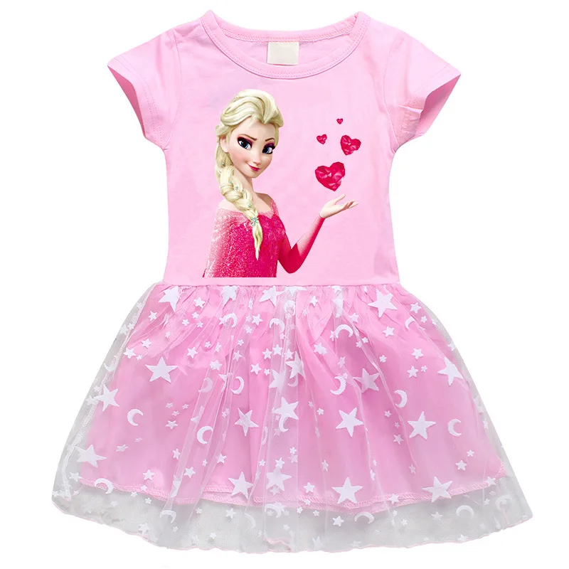 

Frozen Anna Elsa Printed Girls' Princess Dress Cartoon 3D Moon and Stars Mesh Hem Short Sleeve Pink Purple Rose Red Cute Skirt