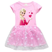 frozen anna elsa printed girls princess dress cartoon 3d moon and stars mesh hem short sleeve pink purple rose red cute skirt