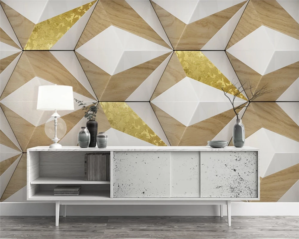 beibehang papier peint Customized modern fashion abstract beautiful geometric triangle wood grain golden TV background wallpaper