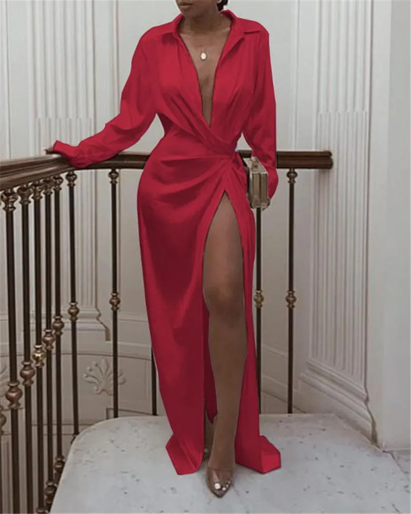Новое атласное шелковое сексуальное вечернее платье с длинным рукавом женское