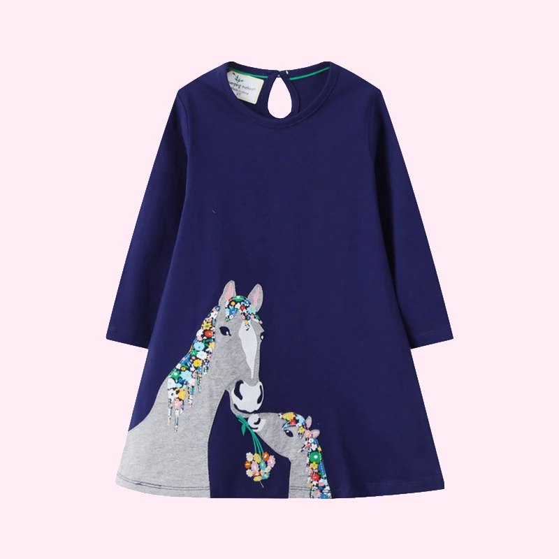 

Autumn New Children's Dress Long Sleeve Cartoon Donkey Floral Applique Girls Dress Children Clothes Girl