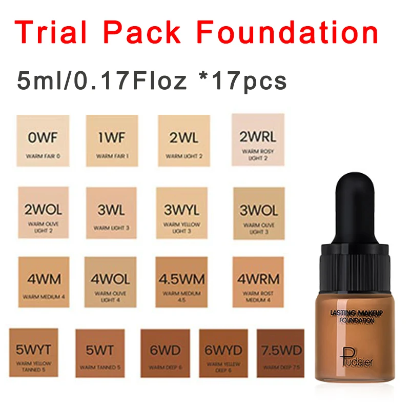 trial pack 17pcs Pudaier, 40 мл, матовая основа для макияжа, крем для лица, профессиональный скрывающий макияж, Тональная основа, высокое покрытие, жидкая, стойкая - Цвет: trial pack 17pcs