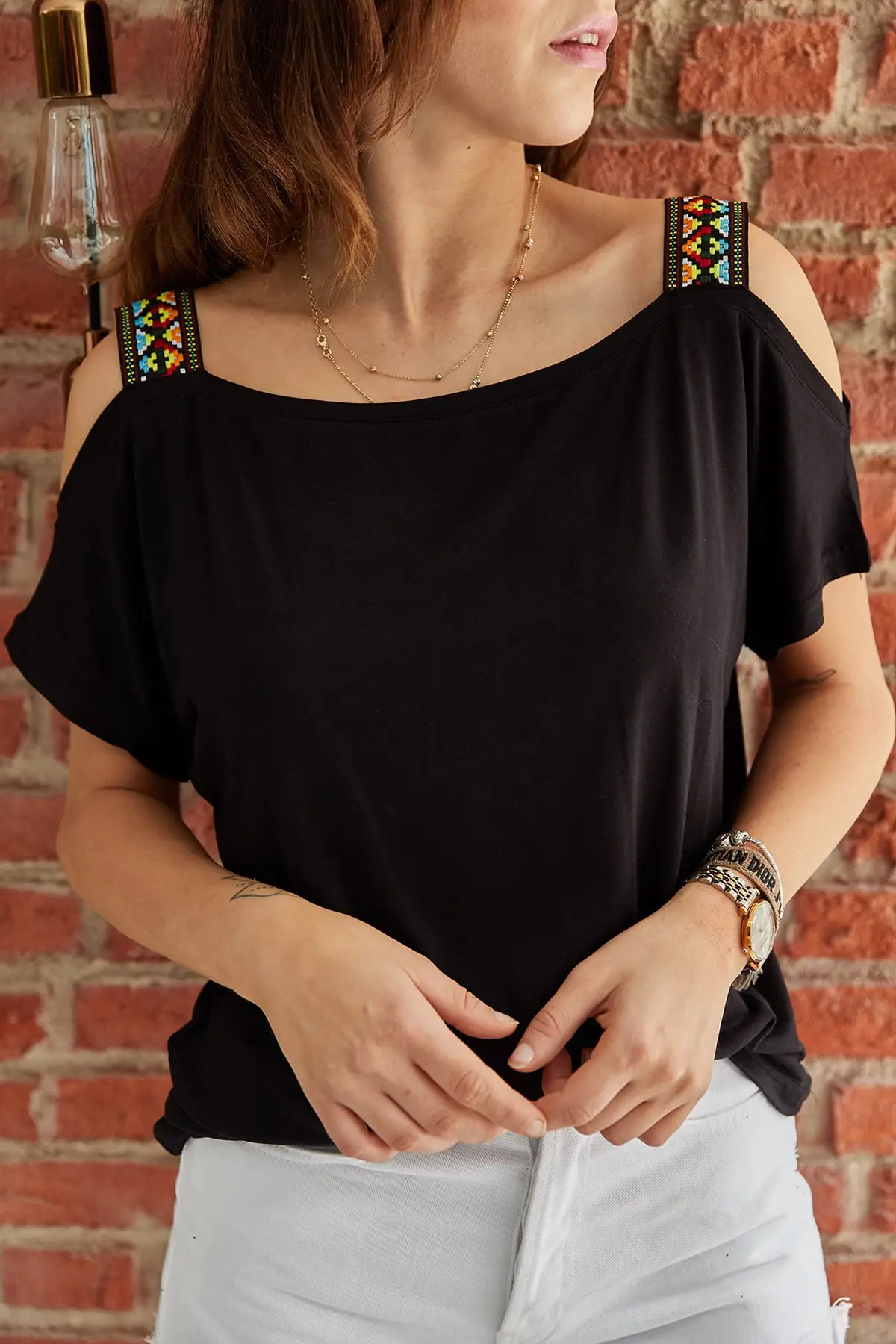 

Women's Black Cold Shoulder Tops Blouse Tunic Rounded Neckline Colorful Strap Soft Comfortable Skin-friendly. Loose Tank Top