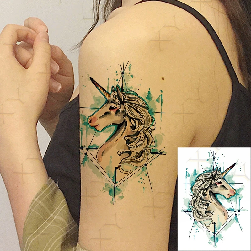 

Waterproof Temporary Tattoo Sticker Geometry Unicorn Horse Flash Tattos Angel Paper Crane Rose Body Art Arm Fake Tatoo Women Men
