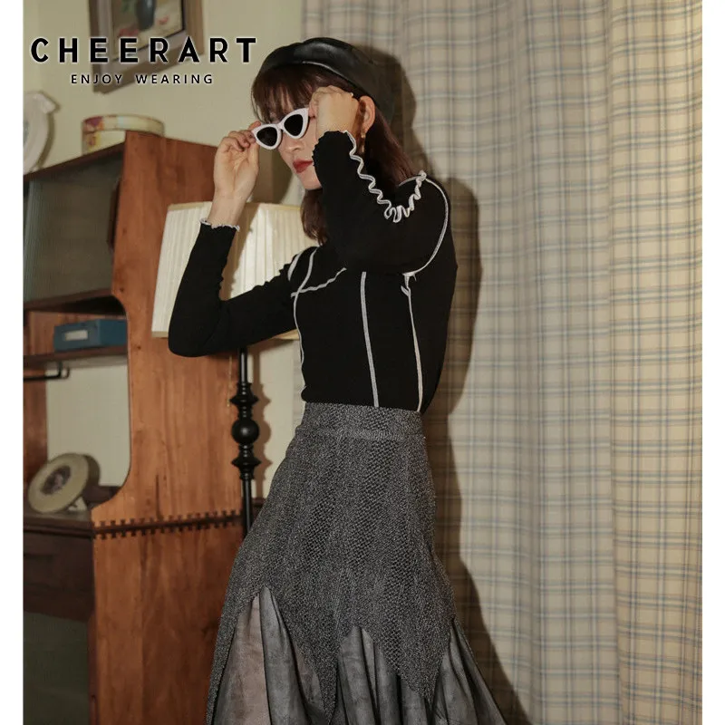 CHEERART стежка трикотажная футболка Женская водолазка черный топ с длинным рукавом