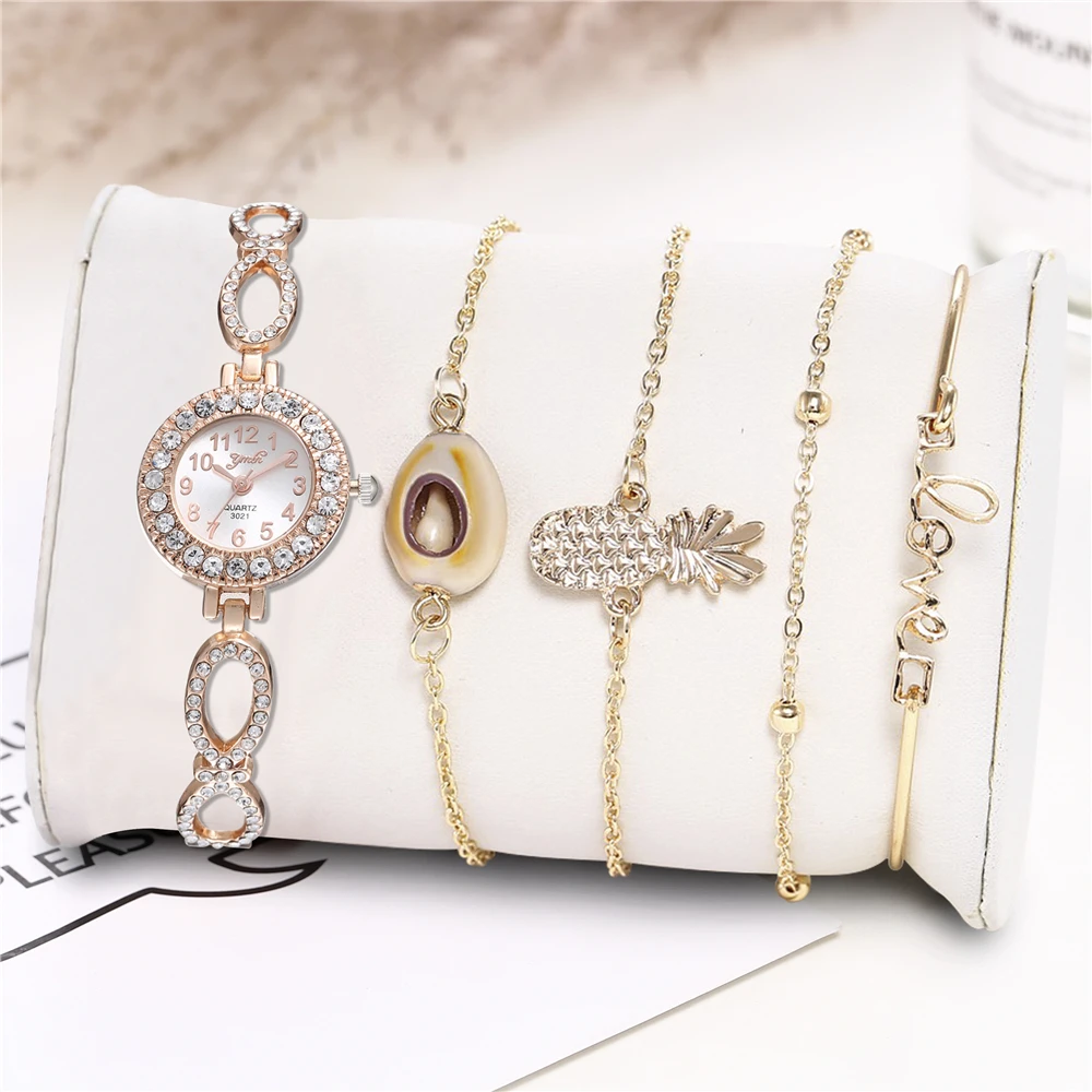 slb010-Rose gold 5 шт./компл. роскошные фирменные женские часы женские золотые часы с пряжкой модные повседневные женские наручные часы со стразами простой браслет набор - Цвет: slb010-Rose gold