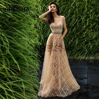 scoop neck a line iiiusion printed evening dresses backless sleeveless floor length applique button champagne fashion