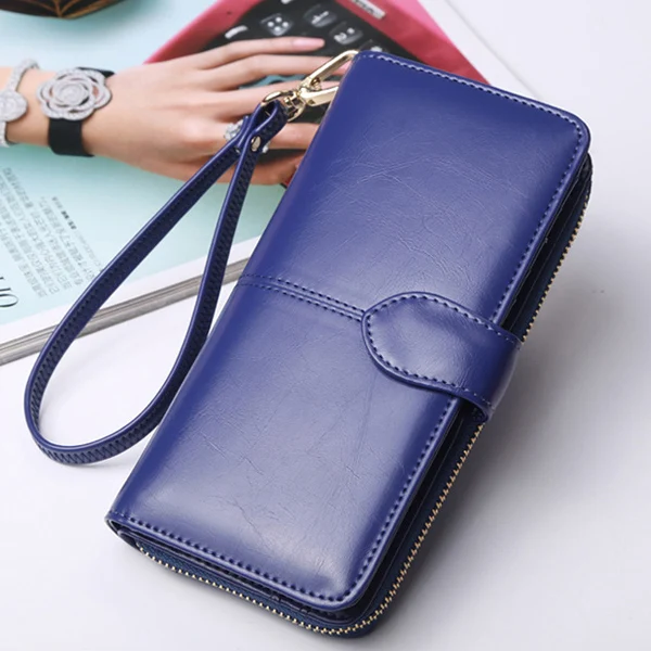 Blue ACELURE Solid Color Women Long Wallets Simple Style Zipper& Hasp Purse With Card Holder Oil Wax Pu Leather Ladies Daily Wallet - Цвет: Blue