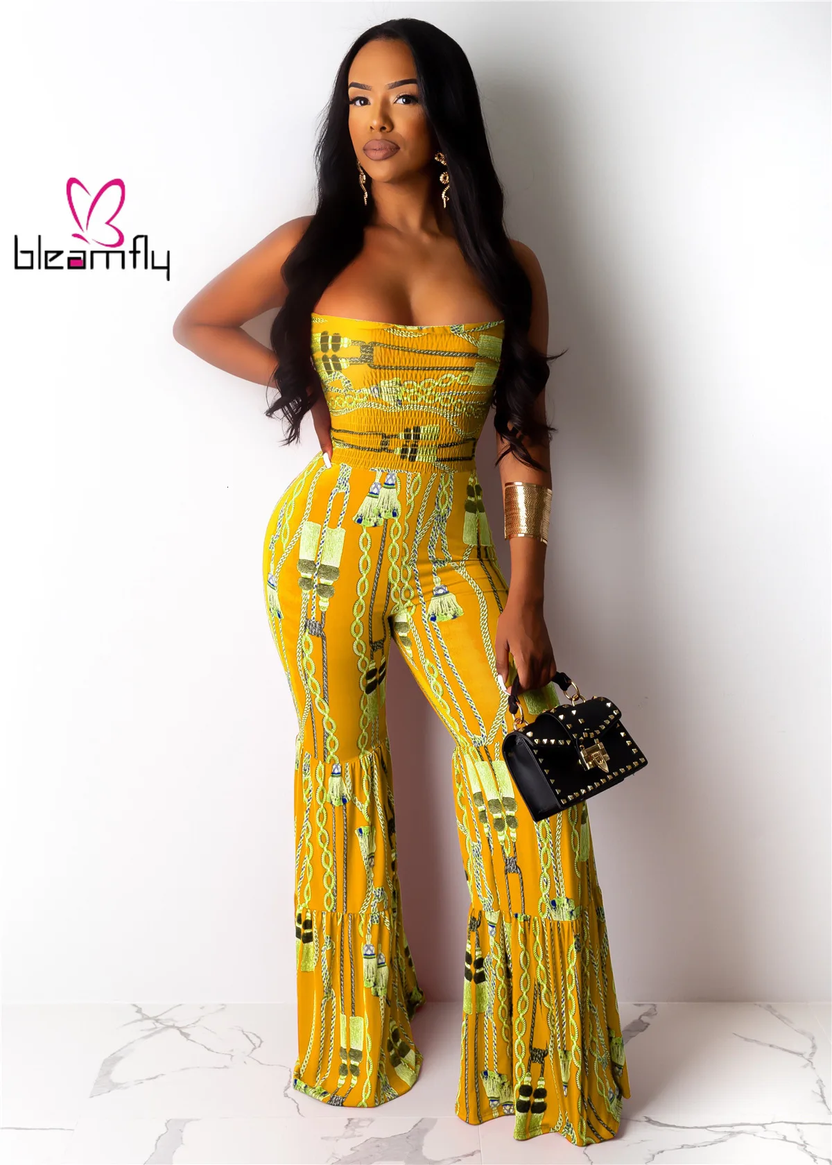 2019 Женский Летний комбинезон без бретелек с цепочкой принтом оборками длинный