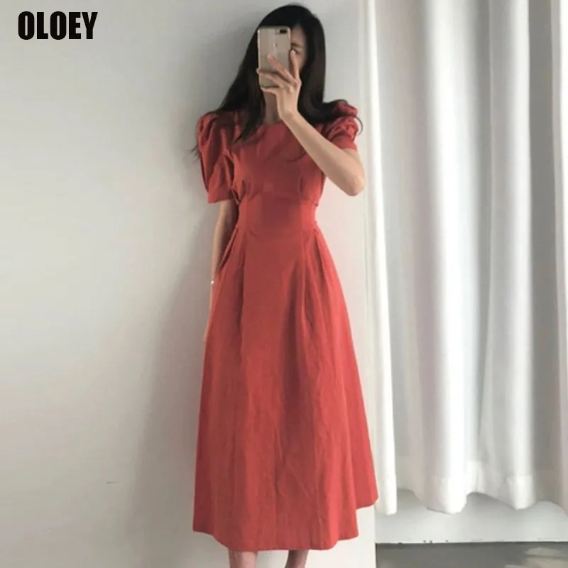 

Korean One Piece 2021 Summer French Vintage Cotton Linen Dress Women Elegant Puff Sleeve Waist Slim Dress Lady Office Midi Dress