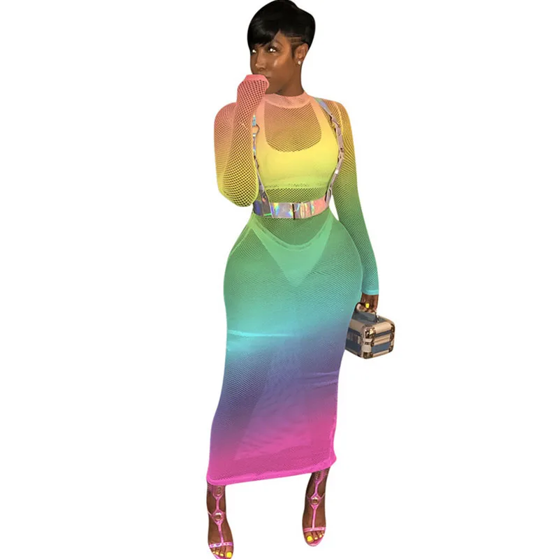 

Rainbow Print Bodycon Maxi Dress Women O-neck Mesh See Through Long Sleeve Ankle-length Long Dress Sexy Party Night Club Dresses