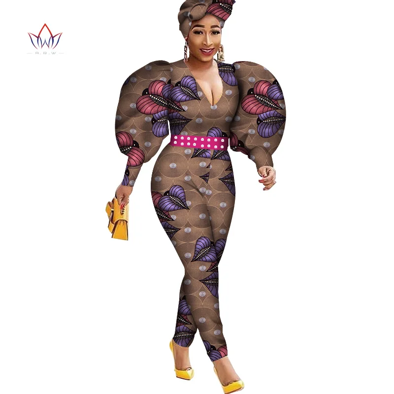 Женский комбинезон с длинными рукавами и буфами в африканском стиле принтом