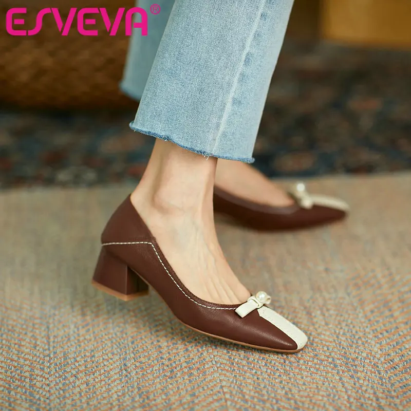 

ESVEVA 2021 Square Med Heel Spring Autumn Ladies Shoes Mixed Color Genuine Leather Bow knot Pointed Toe Women Pumps Size 34-40