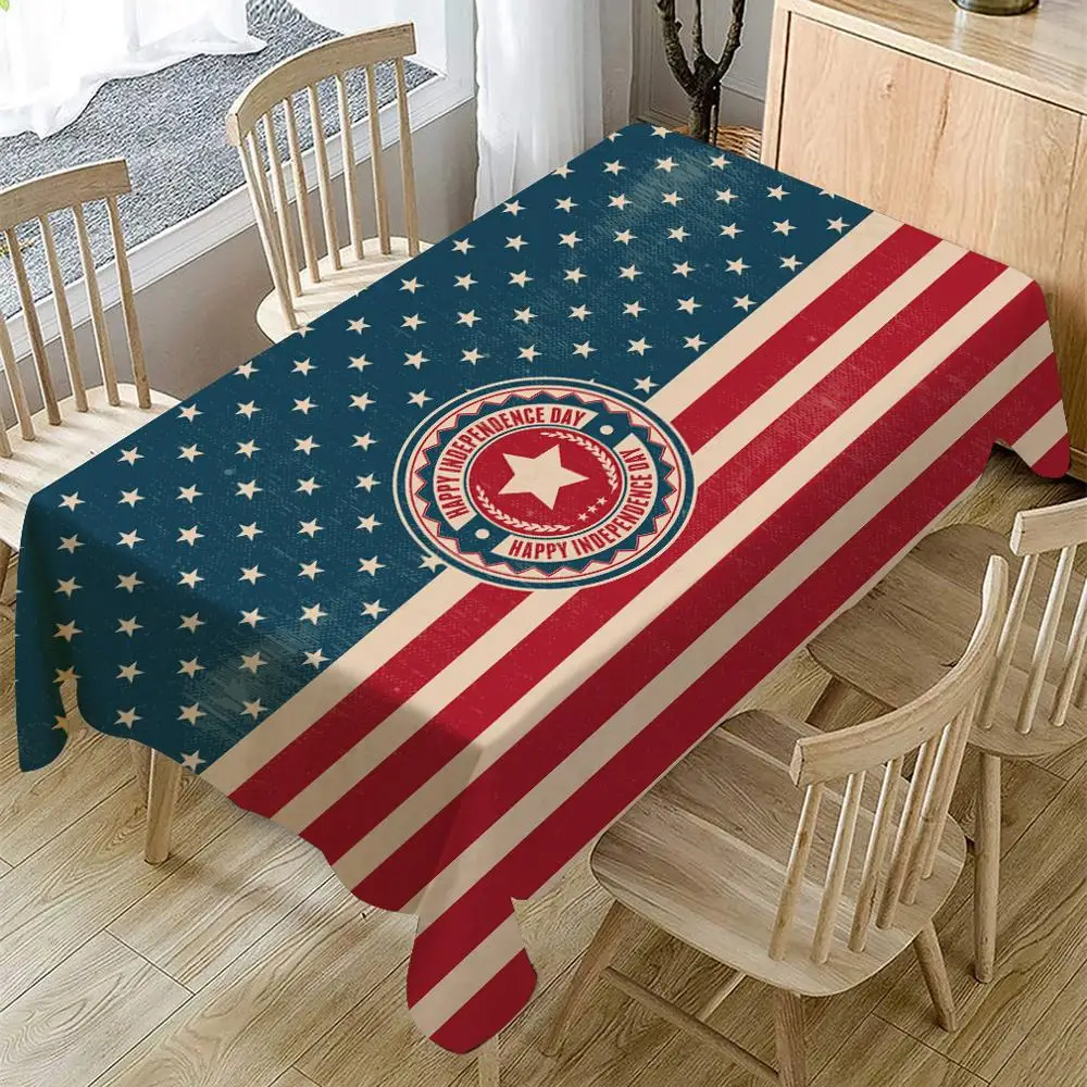 

Planet Flag Independence Day Tablecloth Red White Stripes Waterproof Oilproof Rectangular Table Cloth for Banquet Dining Wedding
