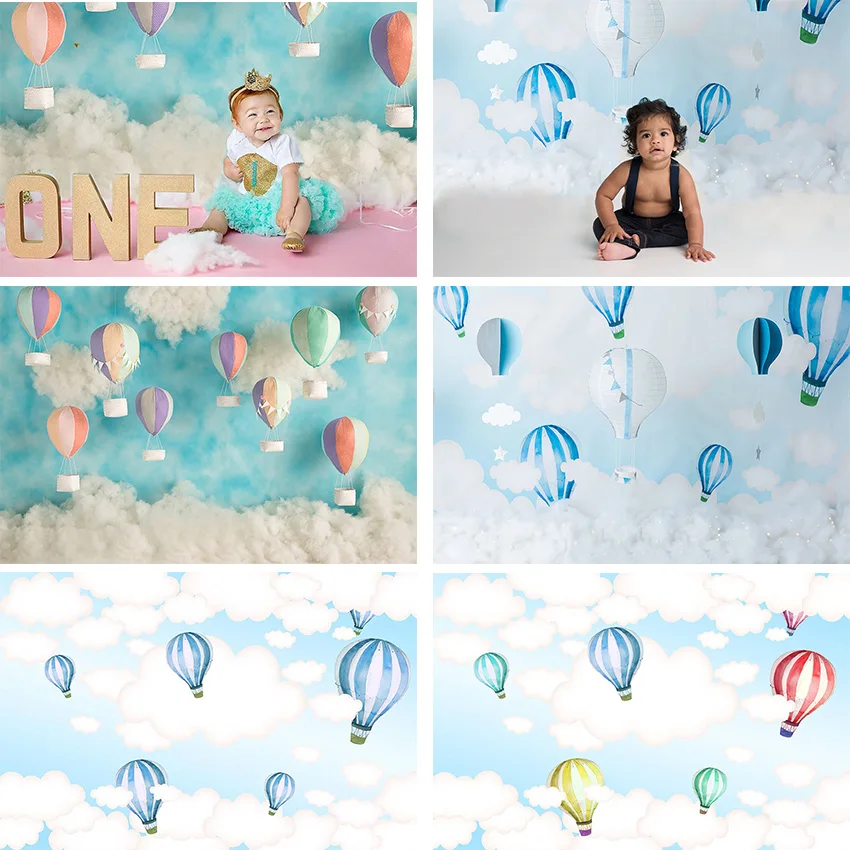 

Photography Background Hot Air Balloon Decoration Birthday Backdrop Blue Sky White Clouds Newborn Kids Baby Shower Photocall